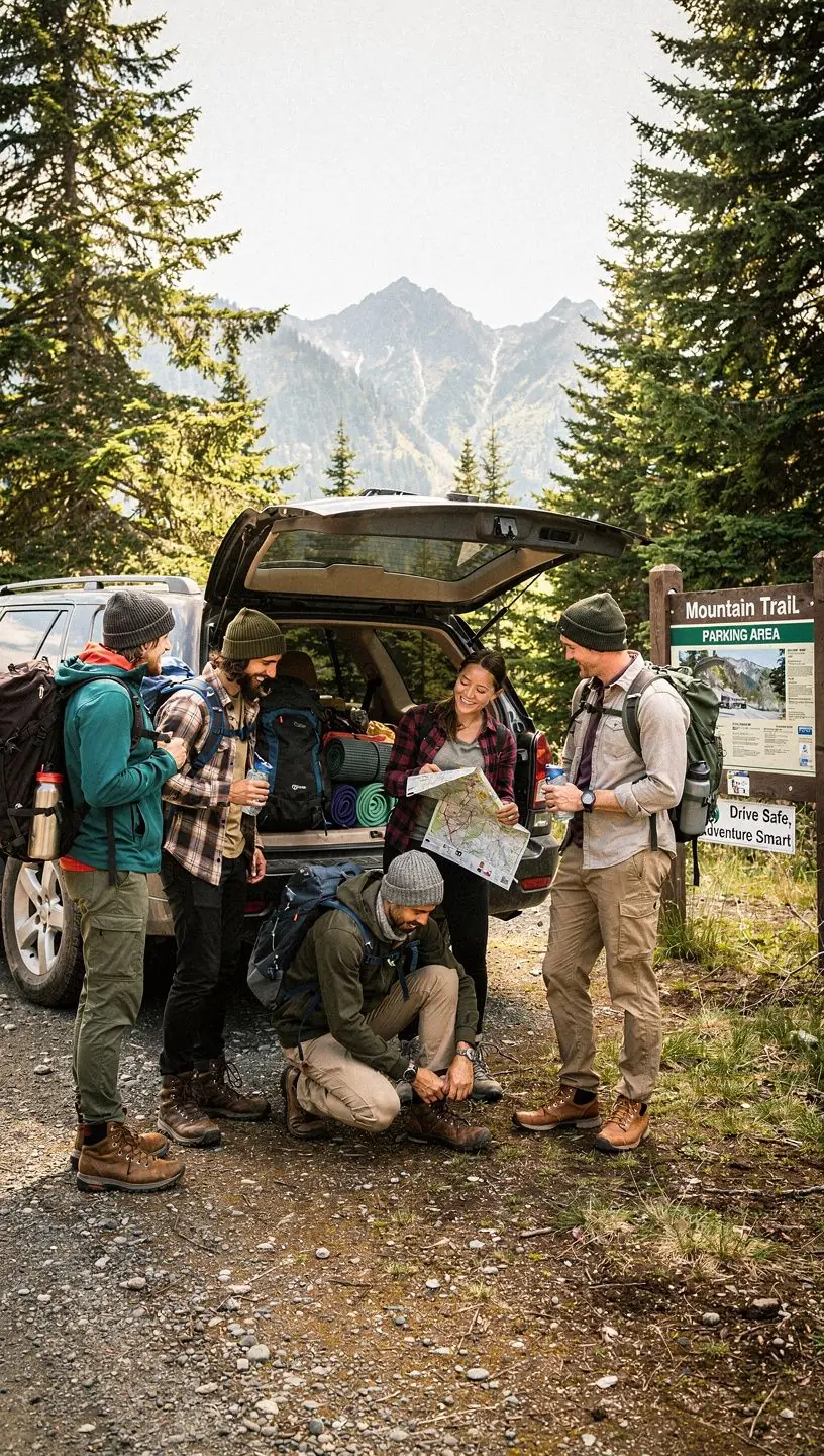 Grupa przyjaciół w samochodzie, cieszących się weekendową wyprawą z odpowiednim ubezpieczeniem.